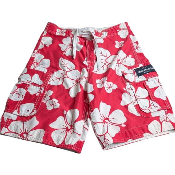 Boys Abercrombie & Fitch Swim Trunks  Board Shorts Y2K Red Retro Tropical XL‎ - Picture 2 of 7